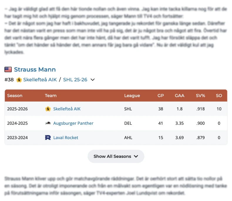 Example of Elite Prospects Widget in action